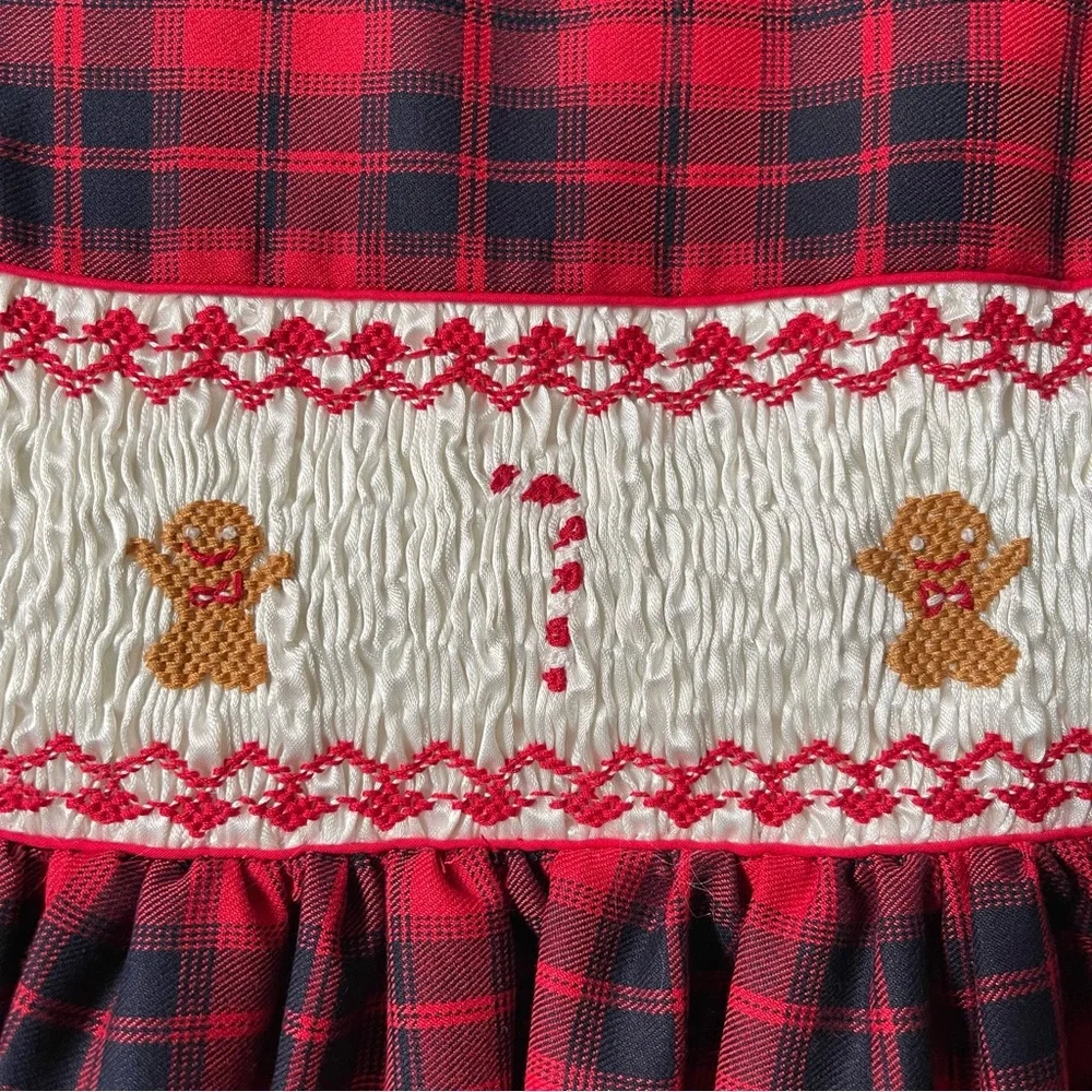 Rachel Riley Girls Gingerbread Tartan Puff Sleeve Smocked Holiday Dress, Red - Picture 11 of 15